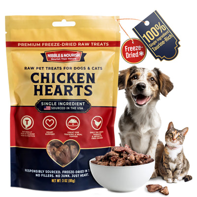 Nibble & Nourish Chicken Hearts 3 oz pouch with a happy dog and cat beside a bowl of freeze-dried chicken heart treats