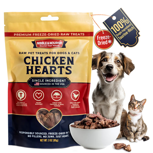 Nibble & Nourish Chicken Hearts 3 oz pouch with a happy dog and cat beside a bowl of freeze-dried chicken heart treats