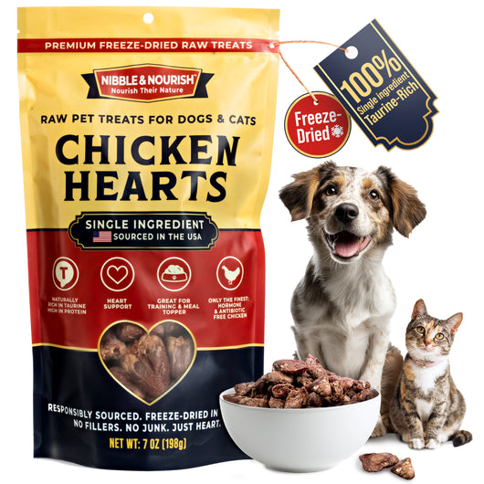 Nibble & Nourish Chicken Hearts 7 oz pouch with a happy dog and cat beside a bowl of freeze-dried chicken heart treats