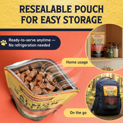 Open Nibble & Nourish Salmon Bites pouch showing freeze-dried salmon cubes inside, with kitchen shelf and backpack insets demonstrating the resealable pouch keeps treats fresh at home and on the go
