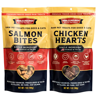 Nibble & Nourish Stock-Up Combo - 7 oz Salmon Bites and 7 oz Chicken Hearts side by side